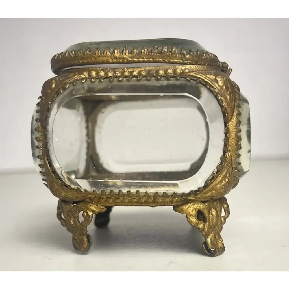Vintage French Style Ormolu Gold Jewelry Box Casket Beveled Glass Footed Ornate